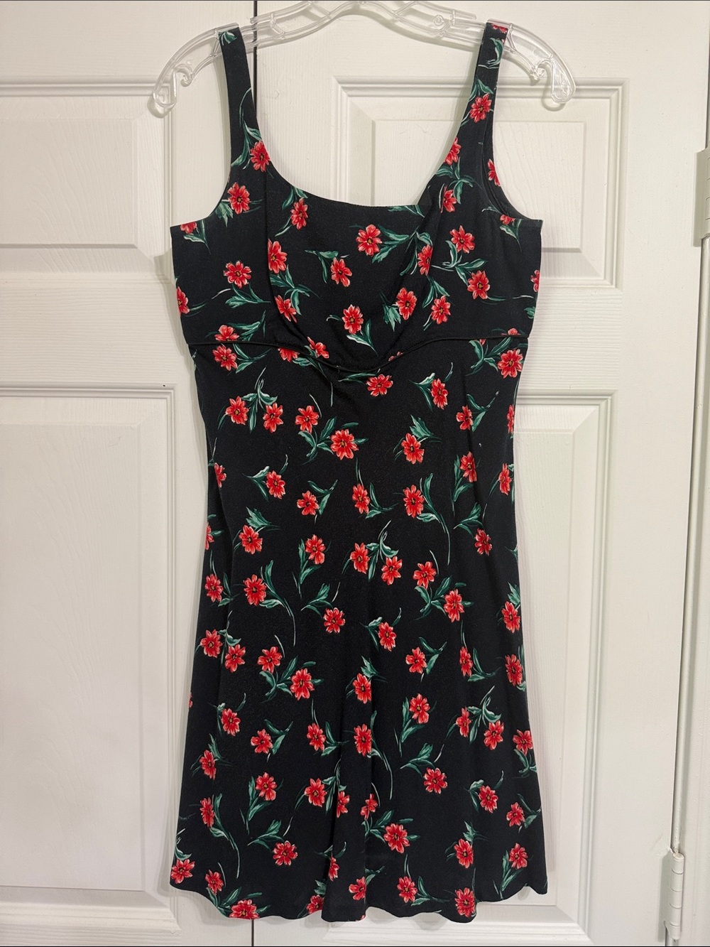 90’s Vintage Esprit Black Mini Dress with Red Floral Print